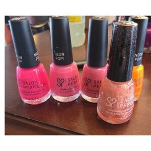 Salon Perfect Professional Nail Lacquer Neon Pop Pink Orange Glitter 5pc Lot